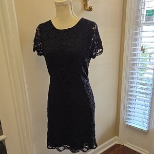 Tahari Elegant Navy Blue Lace Dress Black Lining Short Sleeve Round Neck 10 EUC